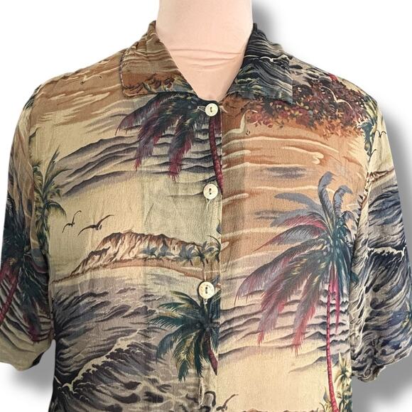 Vintage 90s Citron Santa Monica Top Silk Tropical Scenic Blouse Semi Sheer Shirt - Picture 11 of 11